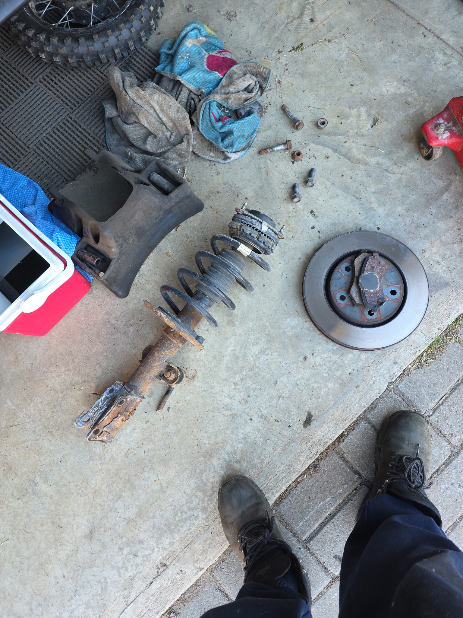 Suspension strut, spring and rotor removed